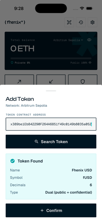 Add Token sheet detecting fUSD as a dual-mode confidential token