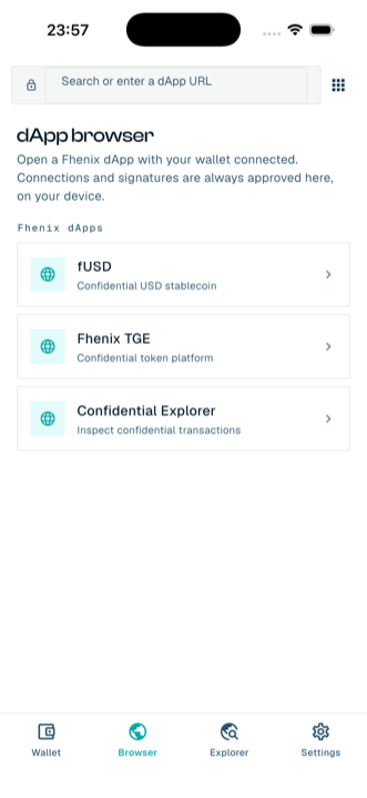 dApp browser tab with Fhenix dApp shortcuts and a URL bar