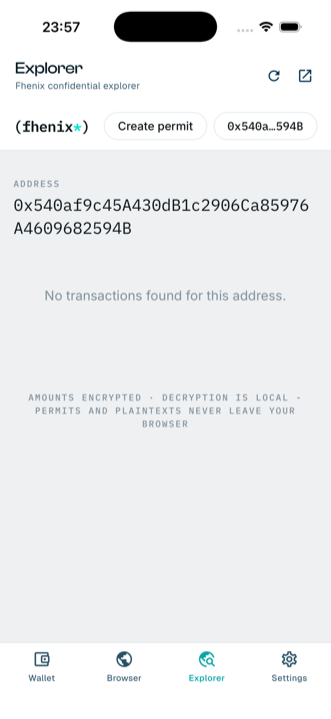 Explorer tab showing the Fhenix Confidential Explorer opened on the wallet's own address