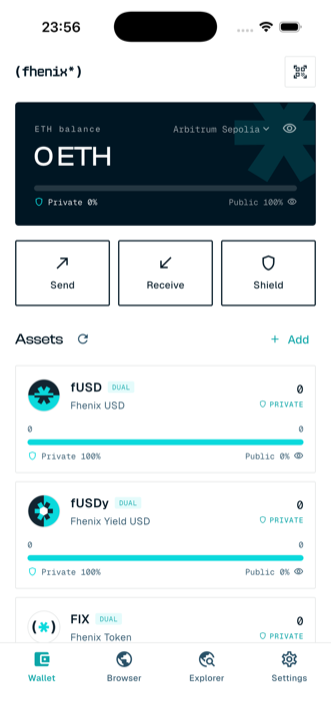 Fhenix Pay home screen — portfolio card with private/public split, Send / Receive / Shield actions, dual-mode Fhenix tokens, and the Wallet / Browser / Explorer / Settings tabs