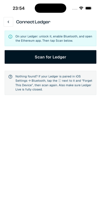 Connect Ledger screen — on-device instructions and Scan for Ledger
