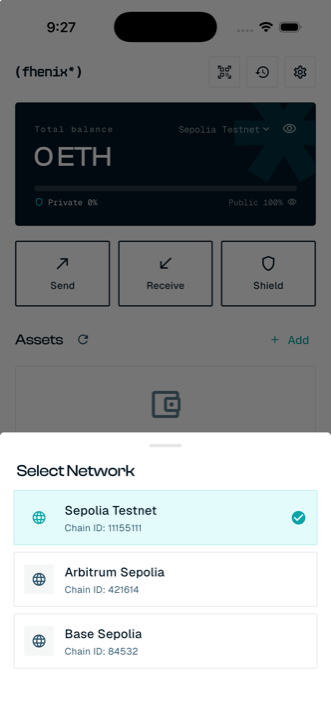 Select Network sheet with Sepolia, Arbitrum Sepolia, and Base Sepolia