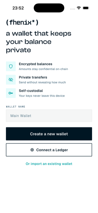 Onboarding screen with Create a new wallet and import options