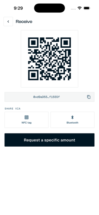 Receive screen with wallet QR, address chip, share options, and request amount button