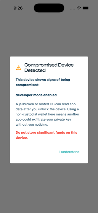 Compromised-device warning shown before opening a wallet on a risky device