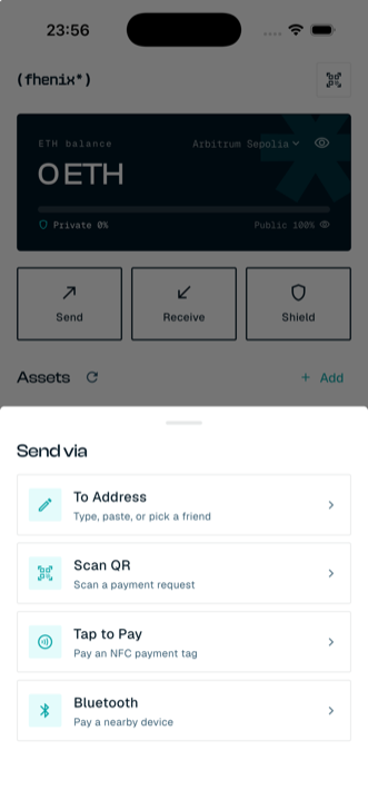 Send via sheet — Scan QR, Tap to Pay (NFC), Bluetooth