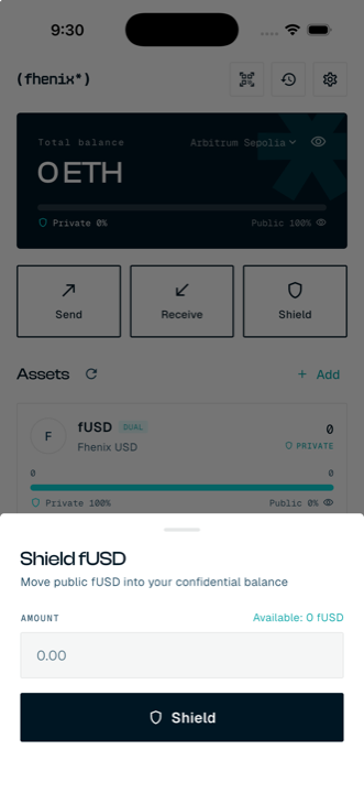 Shield fUSD sheet — move public fUSD into the confidential balance