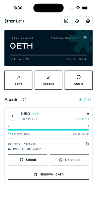 Expanded fUSD token card with DUAL tag, private/public split, contract address, and Shield / Unshield actions